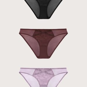 HSIA Elegant Mid-rise Lace Front Bikini Panties 3 Pack - S / Black+Dark Red+Purple