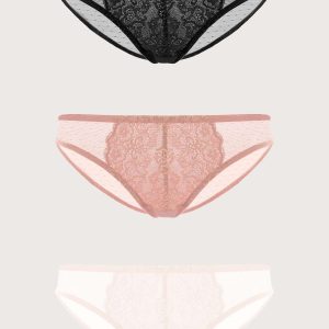 HSIA Mid-rise Front Floral Lace Bikini Underwear 3 Pack - S / Black+Light Coral+Dusty Peach