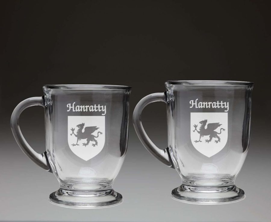 Hanratty Irish Coat of Arms Glass Coffee Mugs - Set of 2