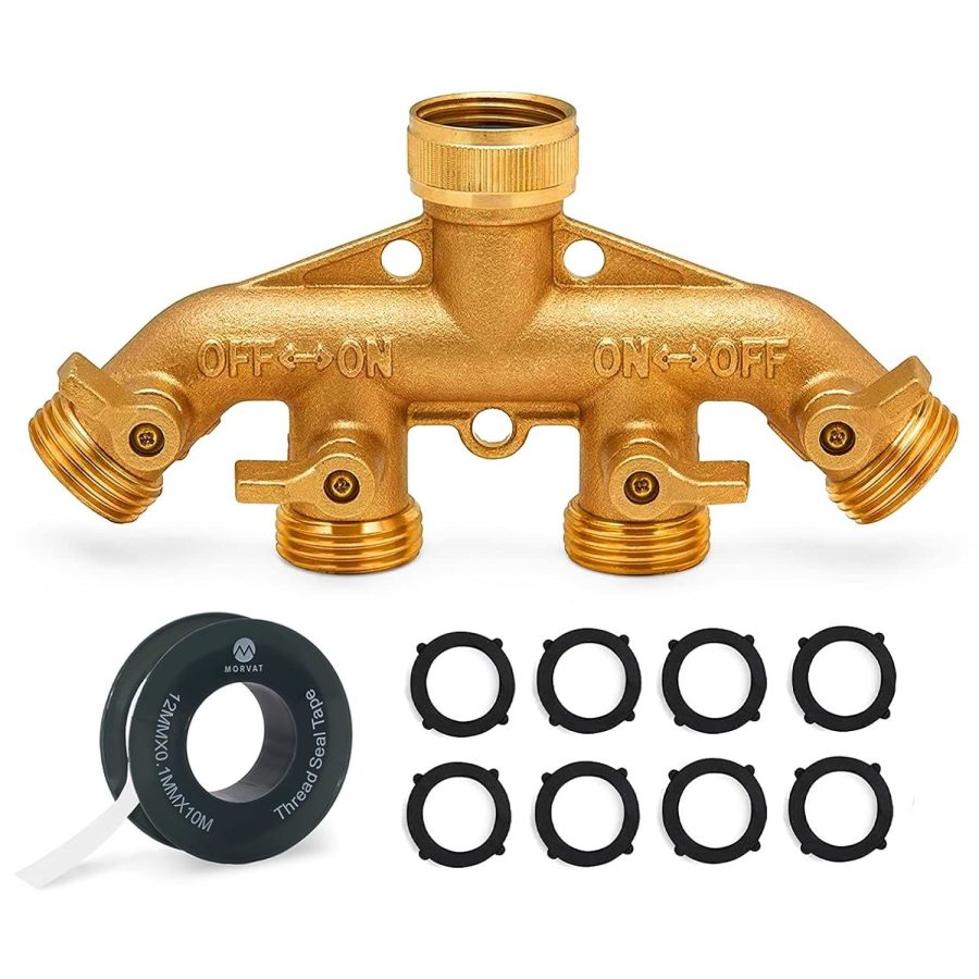 Heavy Duty Brass 4 Way Splitter, Garden Hose Manifold Connector With Comfort Gri