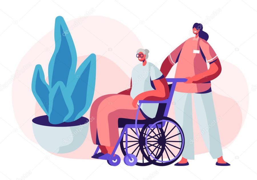 Help Old Disabled People in Nursing Home. Young Nurse Social Worker Care of Sick Senior Driving her on Wheelchair, Skilled Nurse Residential Healthcare, Medical Aid. Cartoon Flat Vector Illustration