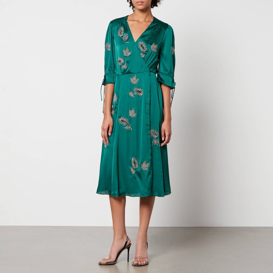 Hope & Ivy Harley Bead-Embellished Satin Midi Wrap Dress - UK 10