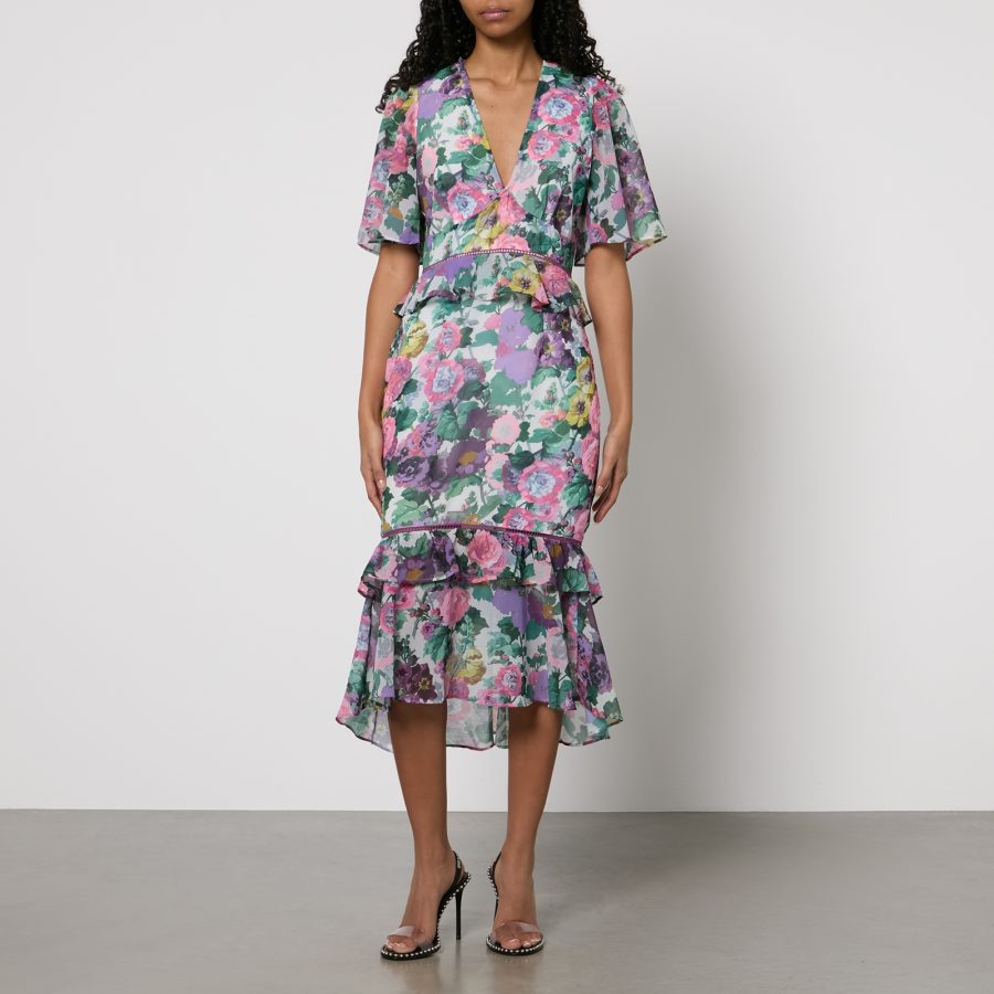 Hope & Ivy Hattie Frill Floral-Print Chiffon Midi Dress - UK 6