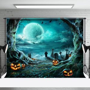 Horror Moon Night Cemetery Pumpkin Halloween Backdrop - Aperturee