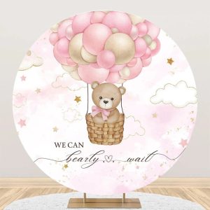 Hot Air Balloon Pink Star Round Baby Shower Backdrop - Aperturee