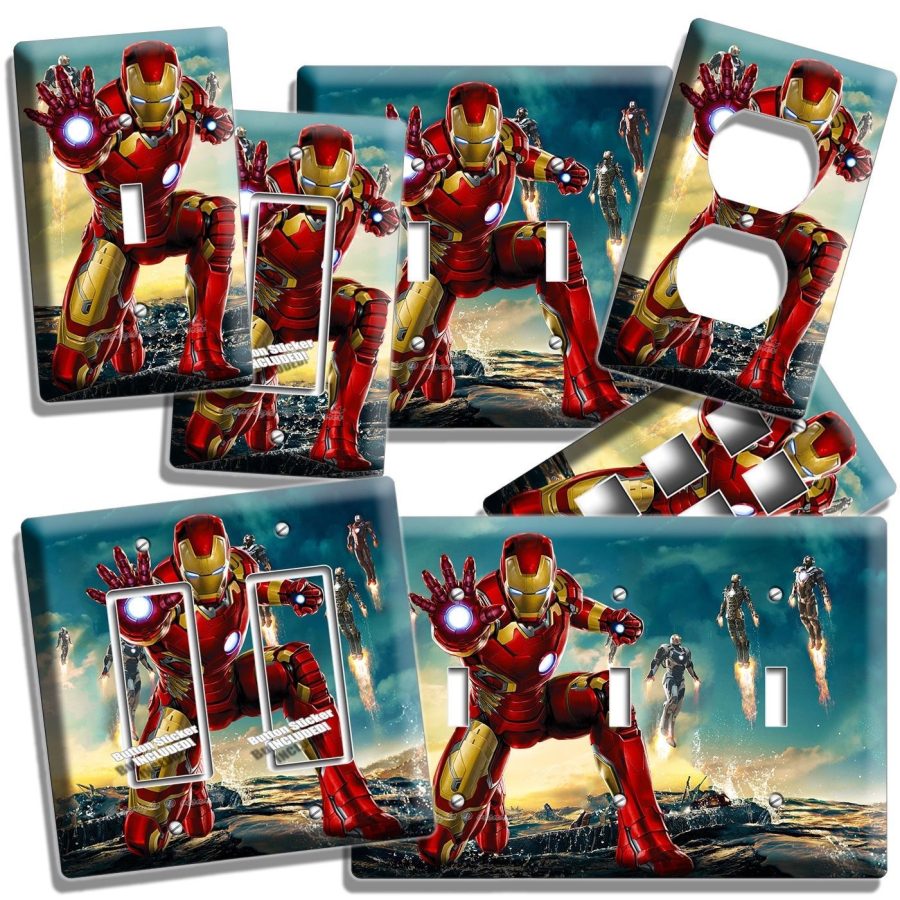 IRONMAN SUPERHERO LIGHT SWITCH OUTLET WALL PLATE COVER BOYS BEDROOM IRON MAN ART