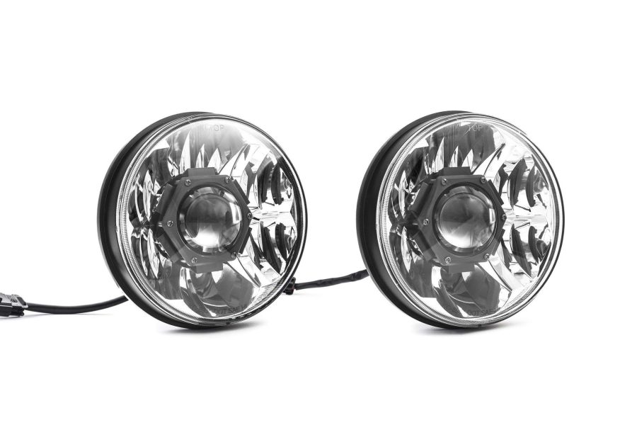 KC HILITES 42341 Headlight Assembly; Gravity Pro; LED Bulb; OE Beam; LED Clear Bulb; Clear Lens; Chrome Plated Housing; Set Of 2; 7 Inch Round For 2007-2018 Jeep Wrangler JK