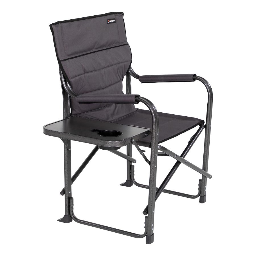 LIPPERT 2021123280 Scout Plus Director Chair with Side Table for Camping, Foldable, Steel Tube Frame, 600D Polyester, UV and Water Resistant PVC Coating, 400 lb. Weight Capacity, Dark Grey