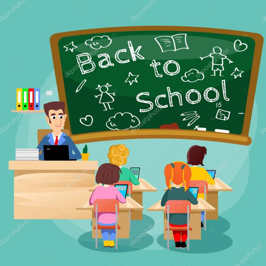 Lesson in classroom at school or college, teacher explains lesson near desk in front of students, Children sit on chairs at their desks table to listen teacher, education concept vector illustration