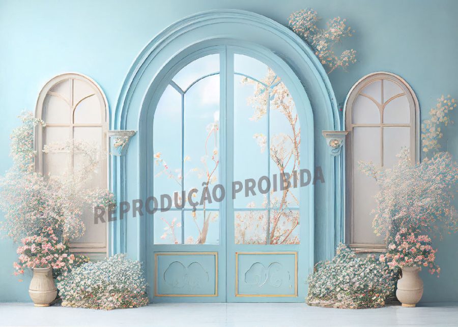 Light Blue Arch Door Floral Portrait Studio Backdrop - Aperturee