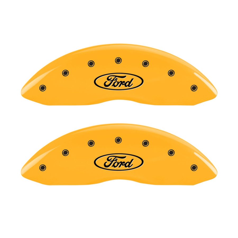 MGP CALIPER 10120SFRDYL Caliper Cover, Set of 4 (Yellow Engraved Front and Rear: Oval Logo/Ford Powder Coat Finish Black Characters)