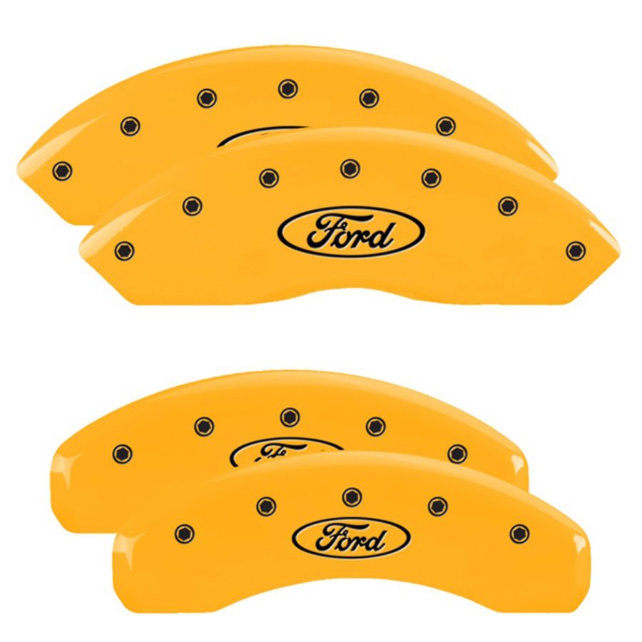 MGP CALIPER 10248SFRDYL Brake Caliper Covers for Ford Ranger 2019-22, Bronco 2021-22, Yellow Powder Coated Finish with Engraved Black Ford Logo, Front and Rear Set (Set of 4)