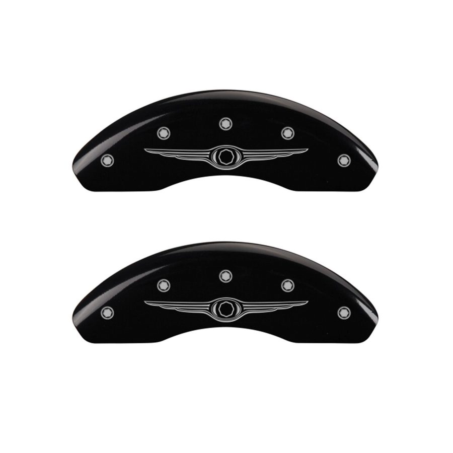 MGP CALIPER 32023SCW1BK Black Powder Coat Finish Front and Rear Caliper Cover, Set of 4 (Style 1/Chrysler Wing Silver Characters, Engraved)