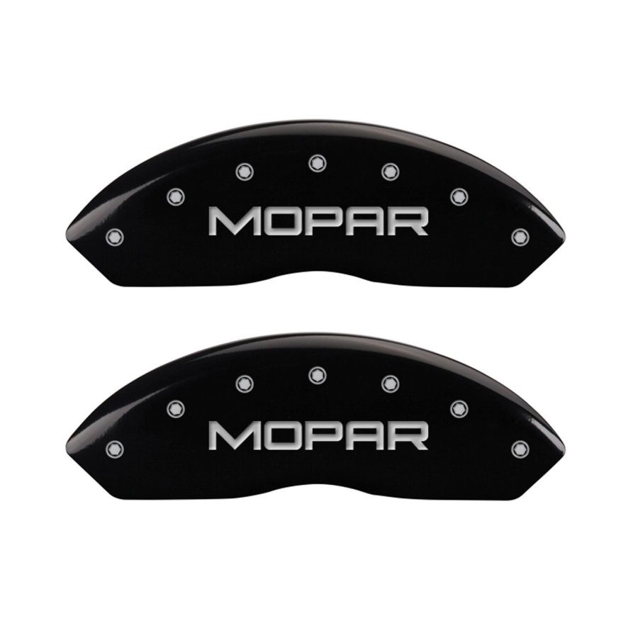 MGP CALIPER 42014SMOPBK Black Powder Coat Finish Front and Rear Caliper Cover, Set of 4 (MOPAR Silver Characters, Engraved)