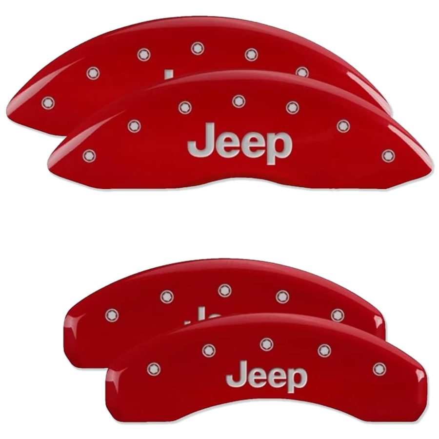 MGP CALIPER 42020SJEPRD Brake Caliper Covers for Jeep Grand Cherokee 2011-21, WK 2022 with Red Powder Coat Finish Engraved Silver Jeep Logo, Front and Rear Caliper Cover (Set of 4)