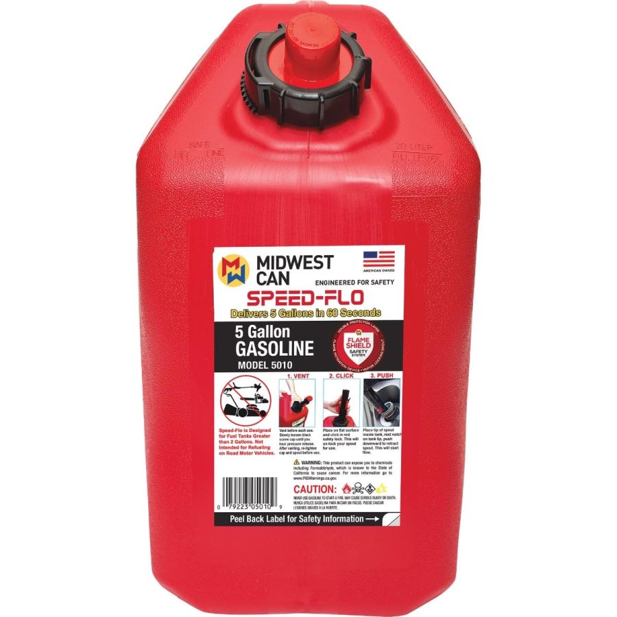 MIDWEST CAN 5010 Company MC-Pro Line Gasoline Can Fuel Container Jug with Speed-Flo Spout and Flame Shield System, 5 Gallons, Red