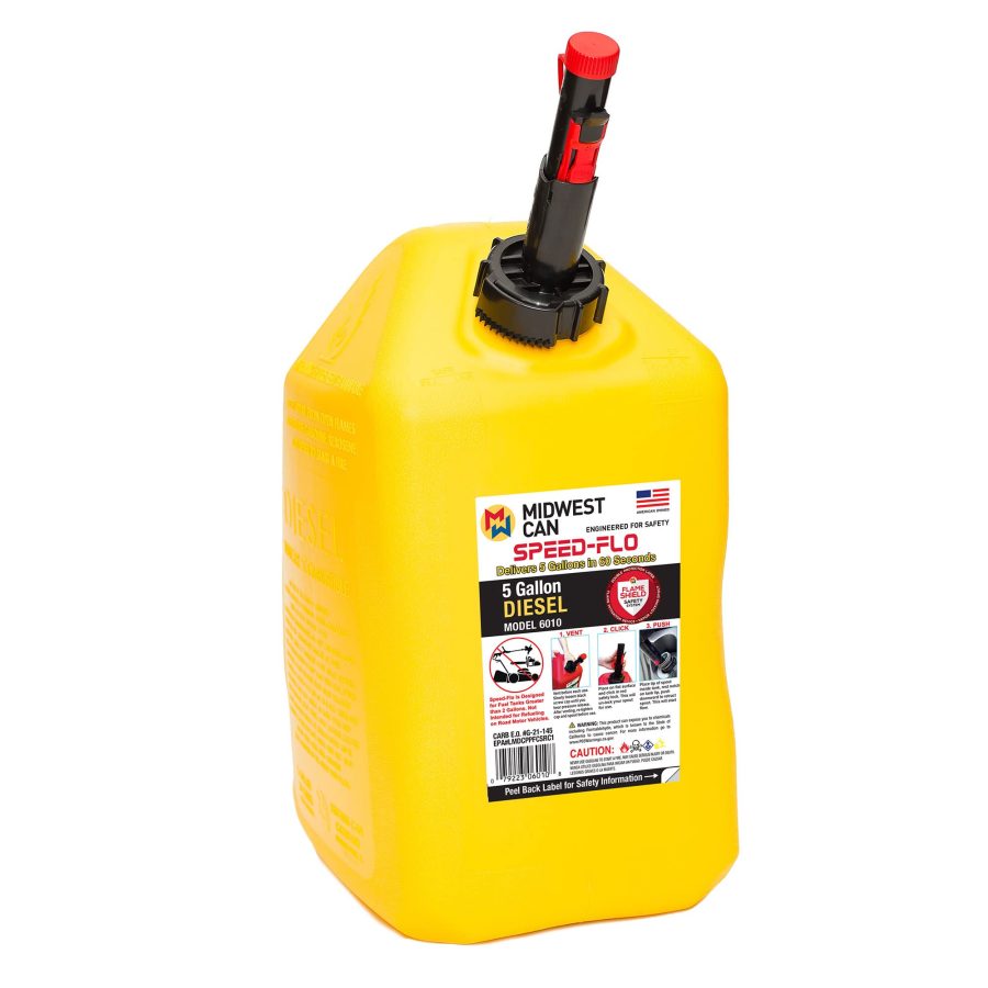 MIDWEST CAN 6010 Company Pro Line Gasoline Can Fuel Container Jug with Speed-Flo Spout and Flame Shield System, 5 Gallons, Yellow