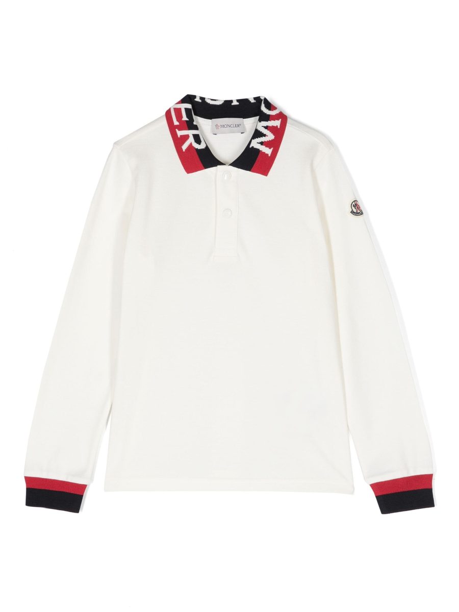 MONCLER KIDS Boys Tricolour Logo Long Sleeve Polo Shirt White