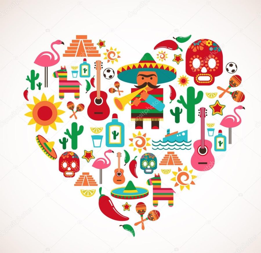 Mexico love - heart with set of vector icons