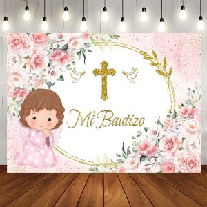 Mi Bautizo Pink Flowers Baby Girl Baptism Backdrop - Aperturee