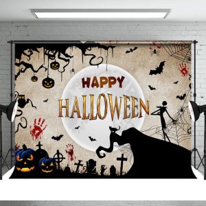 Moon Black Pumpkin Bat Happy Halloween Backdrop - Aperturee