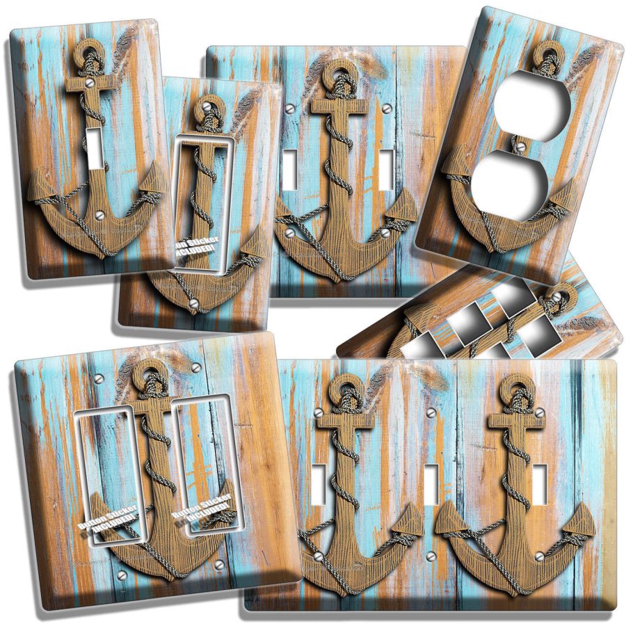 NAUTICAL ANCHOR RUSTIC WOOD LOOK LIGHT SWITCH OUTLET WALL PLATE ROOM HOME DECOR