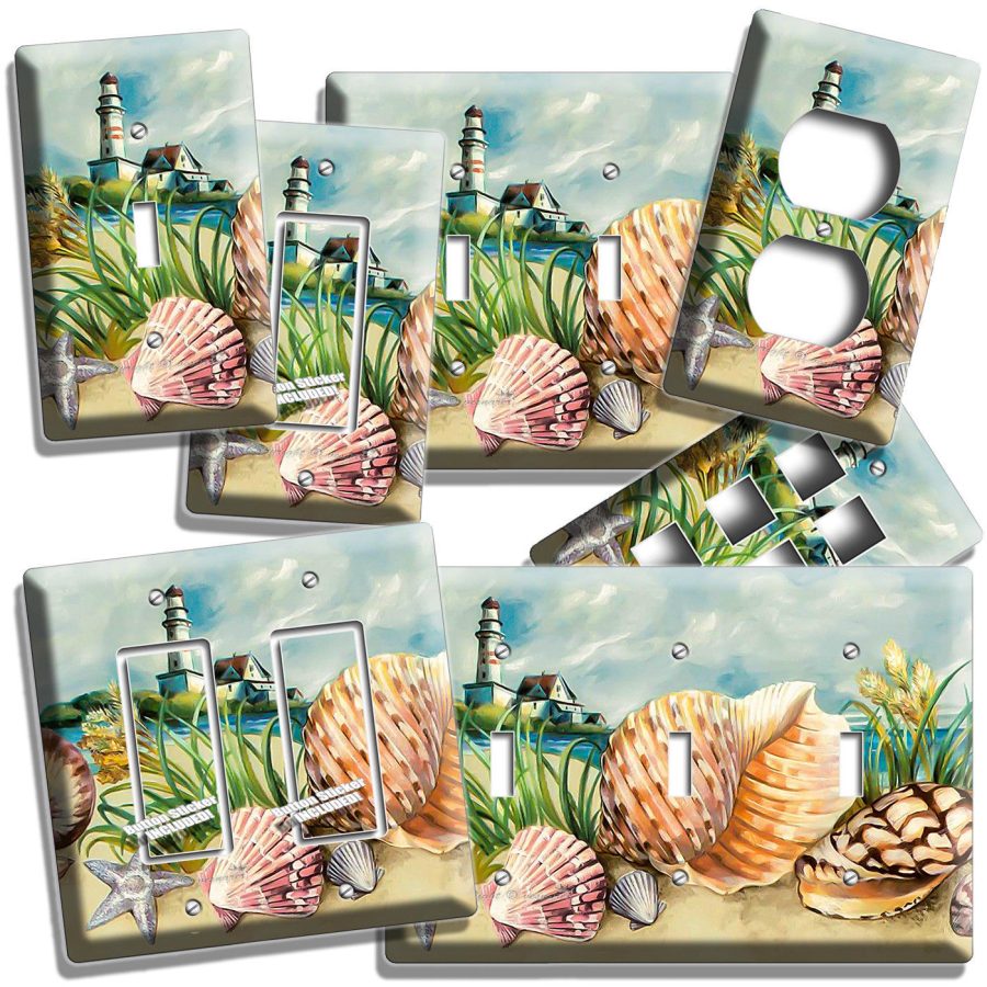 NAUTICAL SEA SHELLS LIGHTHOUSE LIGHT SWITCH OUTLET PLATE BATHROOM HOUSE HD DECOR