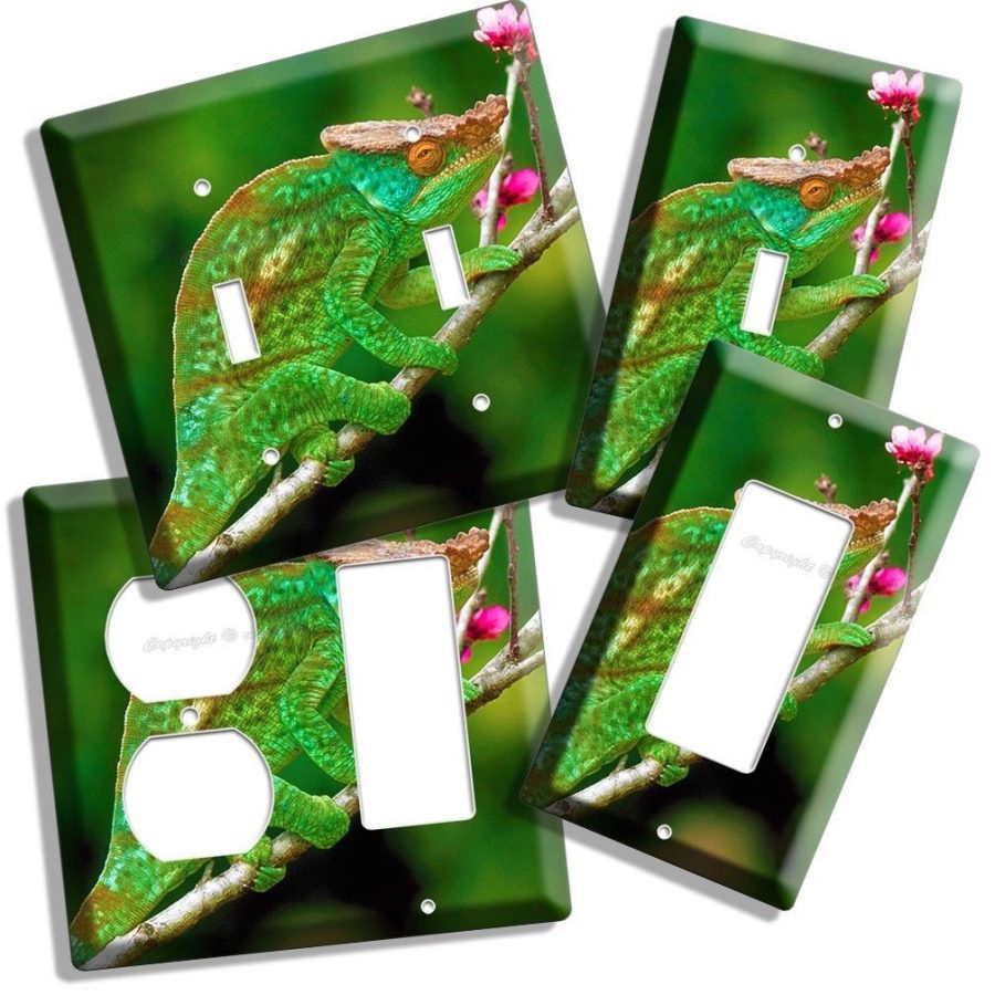 NEW GREEN CHAMELEON ON PINK FLOWER TREE LIGHT SWITCH COVER WALL PLATE GFI COMBO