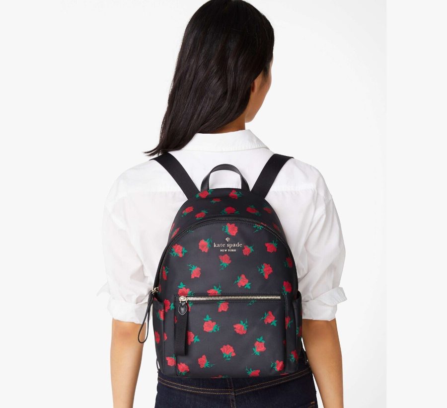 NWB Kate Spade Chelsea Medium Black Nylon Backpack Rose Toss KE435 $299 Gift Bag