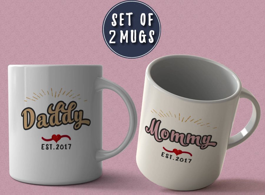 New Parents Mug Set, New Mom Mug, Mommy to be Mug, Daddy Mommy Est 2017, Expect