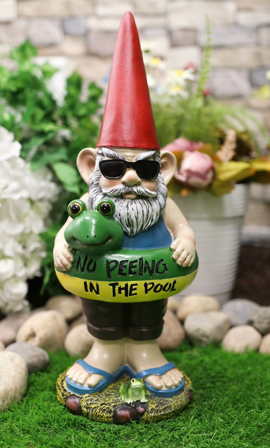 No Peeing In The Pool Lifeguard Vacation Gnome In Shades And Frog Float Statue