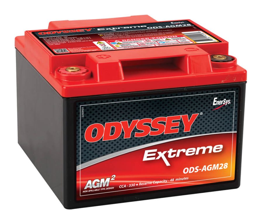 ODYSSEY ODS-AGM28 Battery; Extreme Series; 12 Volt; 330 Cold Cranking Amps/ 900 Pulse Hot Cranking Amps; Internal Threaded Left Positive Brass Terminal With M6 SS Bolts And L Bracket Adapter; 6.6 Inch Length; 6.9 Inch Width; 4.7 Inch Height