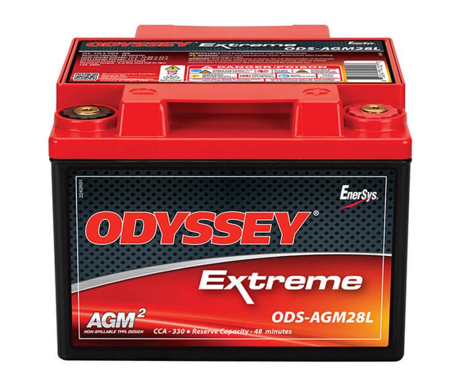 ODYSSEY ODS-AGM28L Battery; Extreme Series; 12 Volt; 330 Cold Cranking Amps/ 900 Pulse Hot Cranking Amps; Internal Threaded Right Positive Brass Terminal With M6 SS Bolts; 6.6 Inch Length; 6.9 Inch Width; 4.7 Inch Height