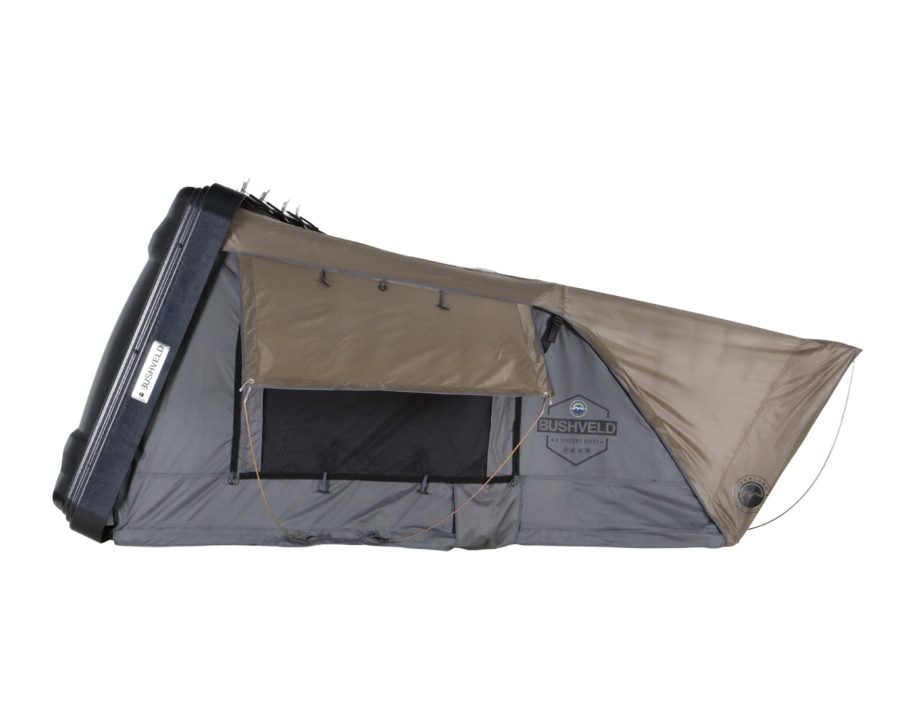 OVERLAND 18089901 Bushveld Hard Shell Clam Shell Roof Top Tent with Aluminum Base Dark Grey Body and Green Rainfly - 4 Person Tent - Four Seasons Ready