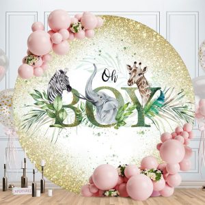 Oh Boy Glitter Animals Round Baby Shower Backdrop - Aperturee