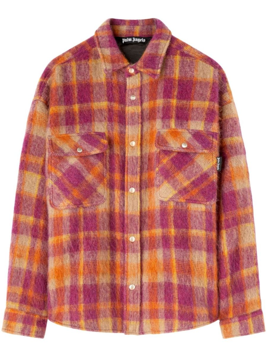 PALM ANGELS Brushed Wool Check Overshirt Burgundy/Beige