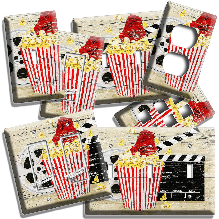 POP CORN TV ROOM HOME MOVIE THEATER RUSTIC REEL LIGHT SWITCH OUTLET WALL PLATES