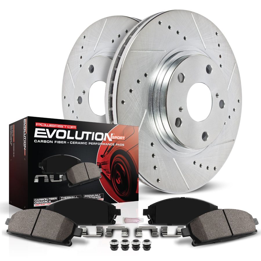 POWERSTOP K2069 Front Z23 Carbon-Fiber Ceramic Brake Pads and Drilled Slotted Rotors Brake Kit For Chevy Silverado 1500 Express Suburban Tahoe | GMC Savana Sierra 1500 Yukon | Cadillac Escalade XTS