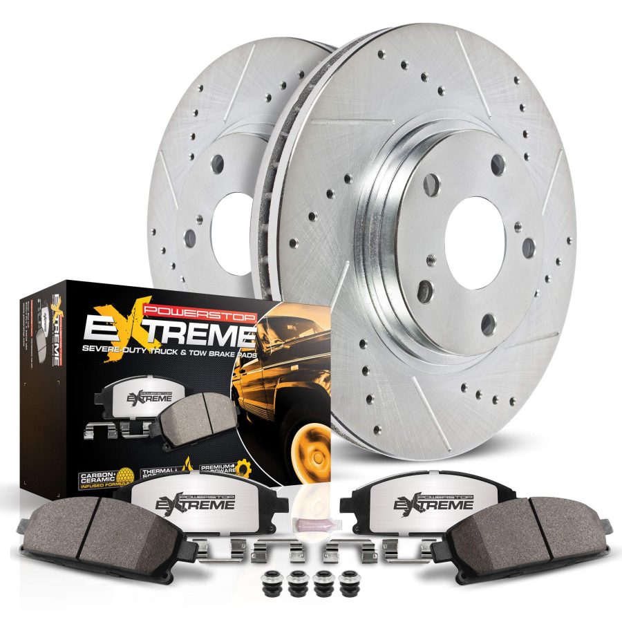 POWERSTOP K8173-36 Rear Z36 Truck & Tow Brake Kit, Carbon Fiber Ceramic Brake Pads and Drilled/Slotted Brake Rotors and 2 Rear Sensor Wires