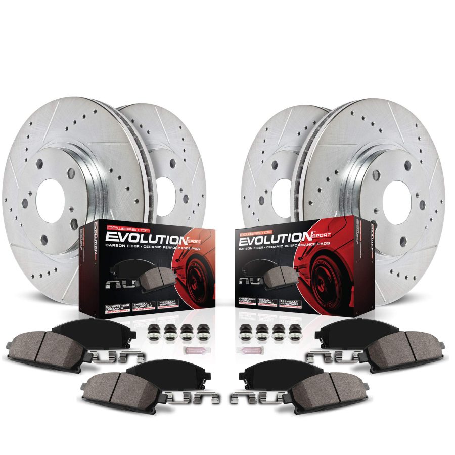 POWERSTOP K8520 Z23 Front and Rear Brake Kit-Drilled/Slotted Brake Rotors & Carbon Ceramic Brake Pads [Application Specific]