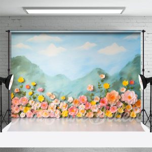 Paper Flowers Mountain Birthday Cake Smash Backdrop - Aperturee