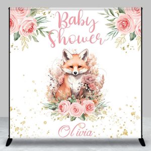 Pink Floral Fox Leaves Custom Baby Shower Backdrop - Aperturee