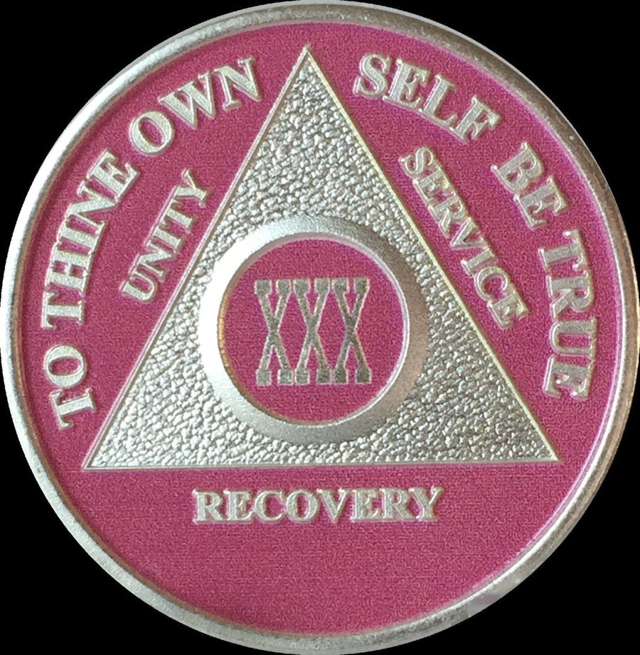 Pink & Silver Plated 30 Year AA Chip Alcoholics Anonymous Medallion Coin