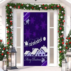 Purple Snowflake Snowy House Christmas Door Cover - Aperturee