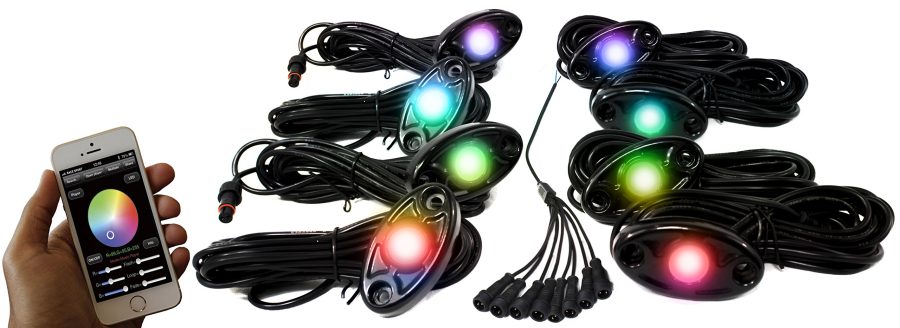 RACE SPORT RSLD8KITCS ColorSMART 8-LED Glow Pod BLACK Kit - Smartphone Controlled with Brain Box IP68 12V with All Hardware