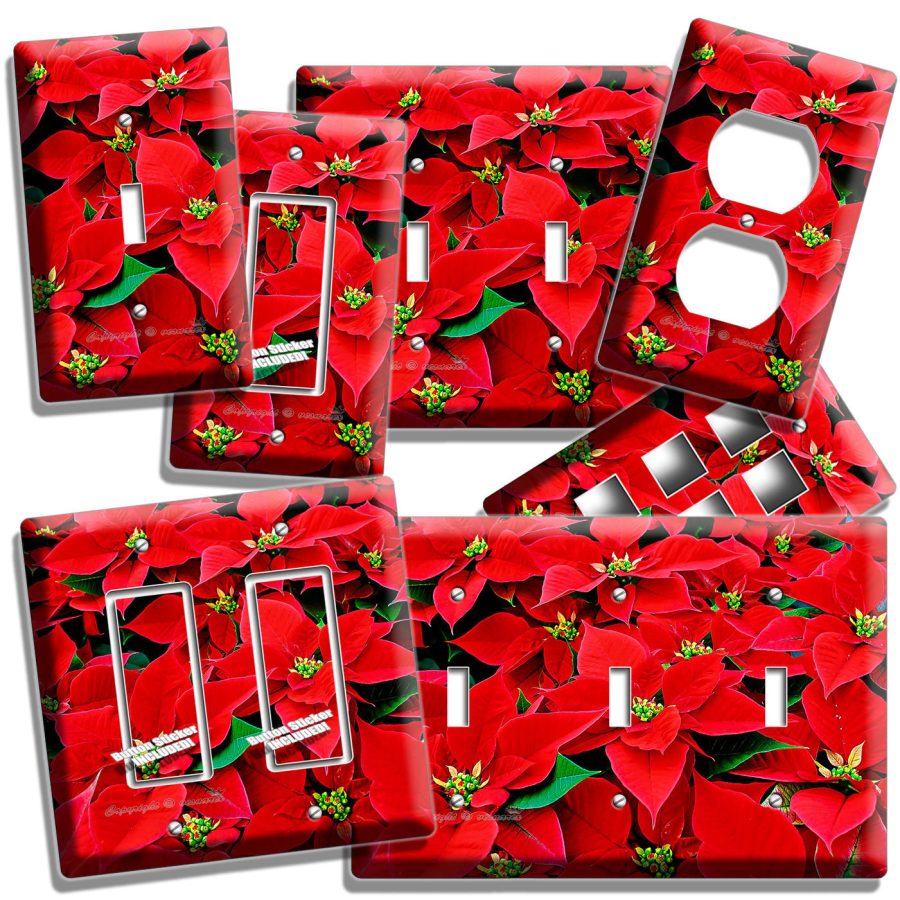 RED POINSETTIA CHRISTMAS FLOWERS LIGHT SWITCH WALL PLATE OUTLET ROOM HOME DECOR