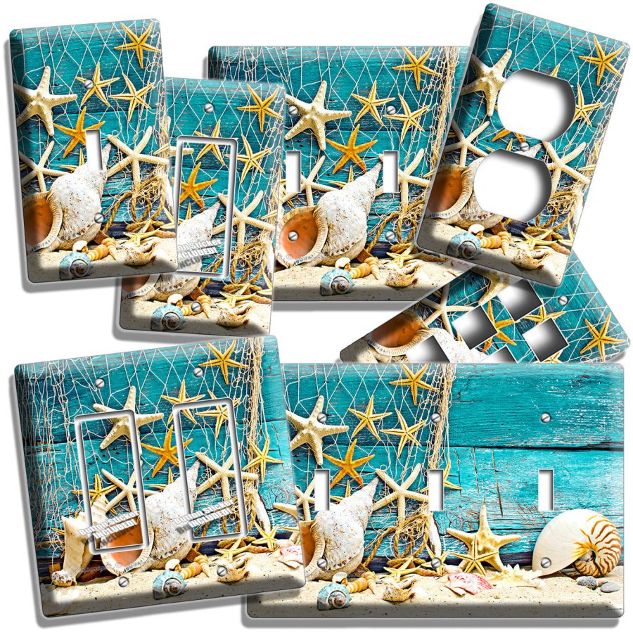 RUSTIC SEA SHELLS STAR FISH NET LIGHT SWITCH WALL PLATE OUTLET BATHROOM ROOM ART