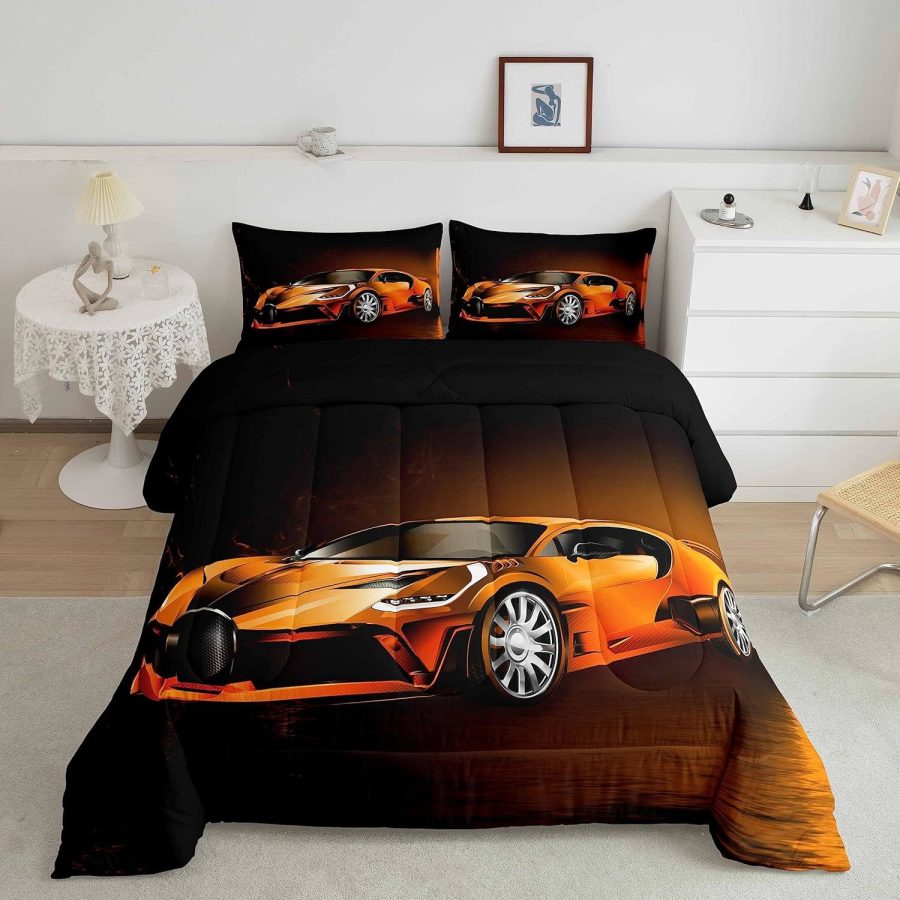 Race Car Comforter Toddler Twin, Orange Racecar Bedding Set For Kids Boys Girls