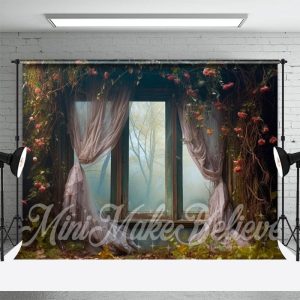 Retro Curtian Window Wilt Red Rose Tree Backdrop - Aperturee