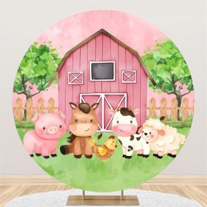 Rustic Pink Farm Animals Circle Baby Shower Backdrop - Aperturee